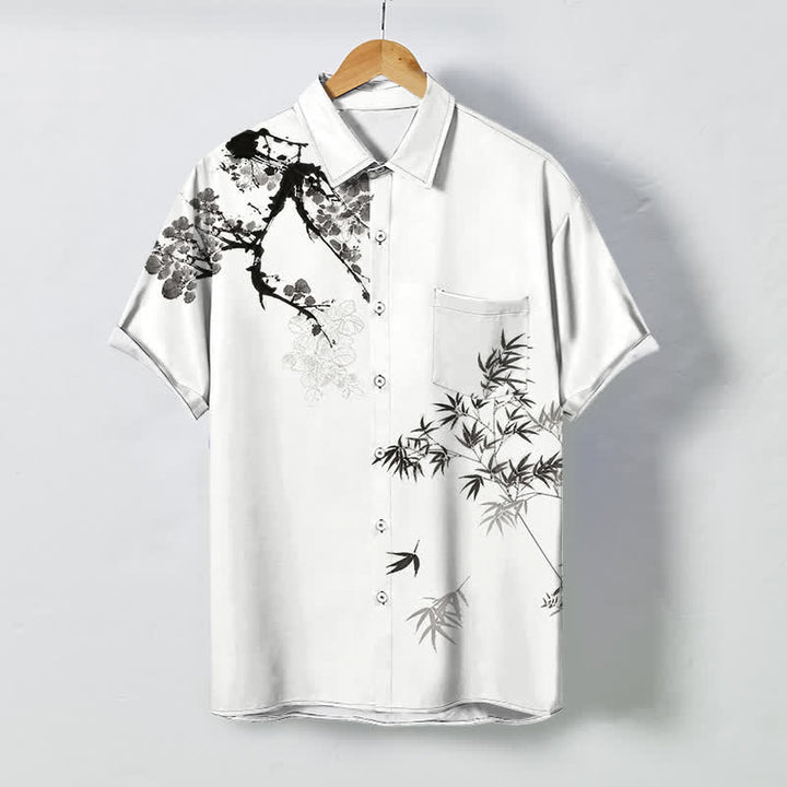 Buddha Stones Chemise à manches courtes respirante pour homme, ornée de boutons à motif de feuilles de bambou et de branches d'arbre. - Blanc - US/UK/AU48，EU58 (4XL) - image 0