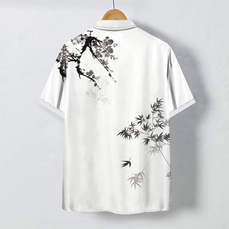 Buddha Stones Chemise à manches courtes respirante pour homme, ornée de boutons à motif de feuilles de bambou et de branches d'arbre. - image 1