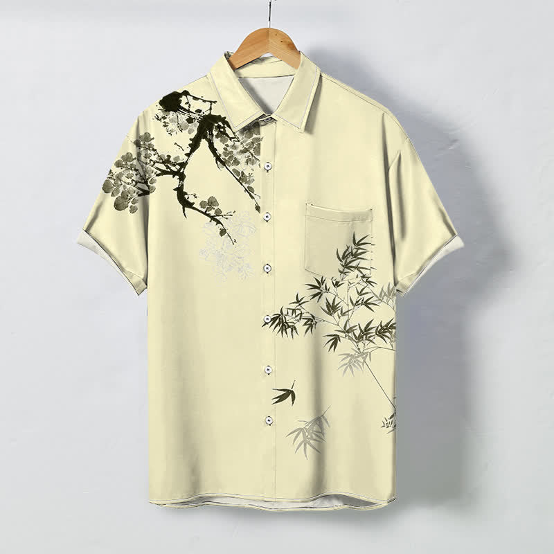 Buddha Stones Chemise à manches courtes respirante pour homme, ornée de boutons à motif de feuilles de bambou et de branches d'arbre. - Jaune doré clair - US/UK/AU48，EU58 (4XL) - image 5