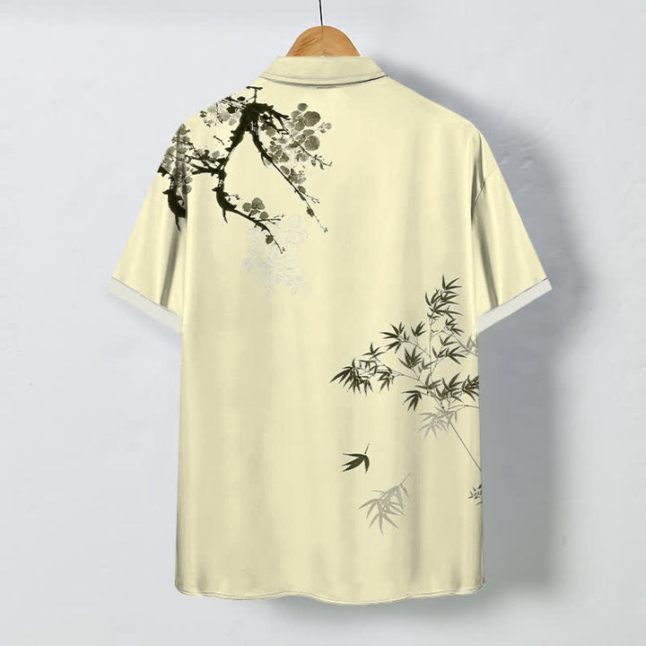 Buddha Stones Chemise à manches courtes respirante pour homme, ornée de boutons à motif de feuilles de bambou et de branches d'arbre. - image 6
