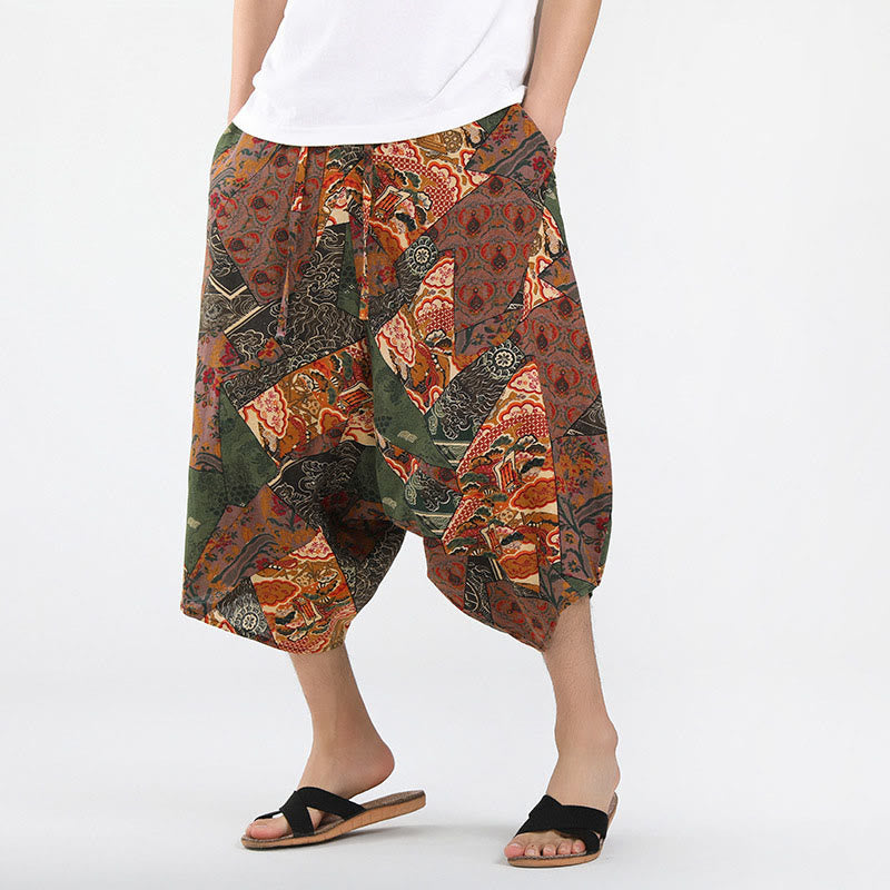 Buddha Stones Pantalon Capri bohème décontracté d'été à cordon de serrage et motif géométrique abstrait, style sarouel, avec poches - Pérou - US/UK/AU46，EU56 (5XL) - image 0