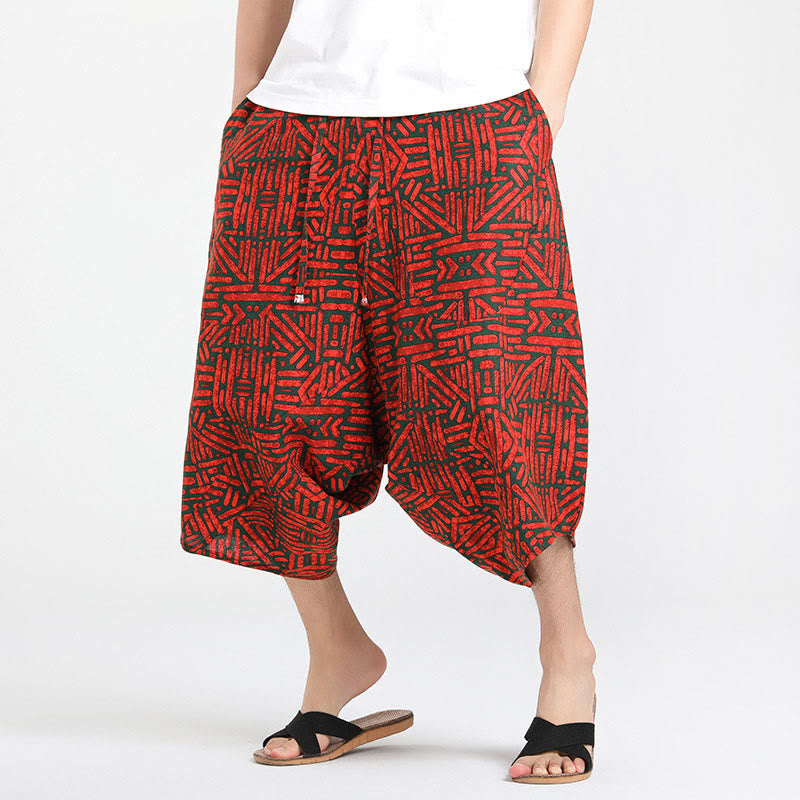 Buddha Stones Pantalon Capri bohème décontracté d'été à cordon de serrage et motif géométrique abstrait, style sarouel, avec poches - Rouge - US/UK/AU46，EU56 (5XL) - image 16