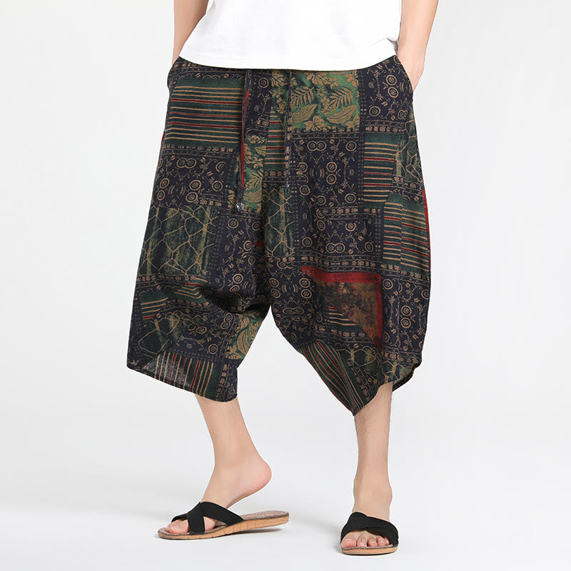 Buddha Stones Pantalon Capri bohème décontracté d'été à cordon de serrage et motif géométrique abstrait, style sarouel, avec poches - Vert foncé - US/UK/AU46，EU56 (5XL) - image 8