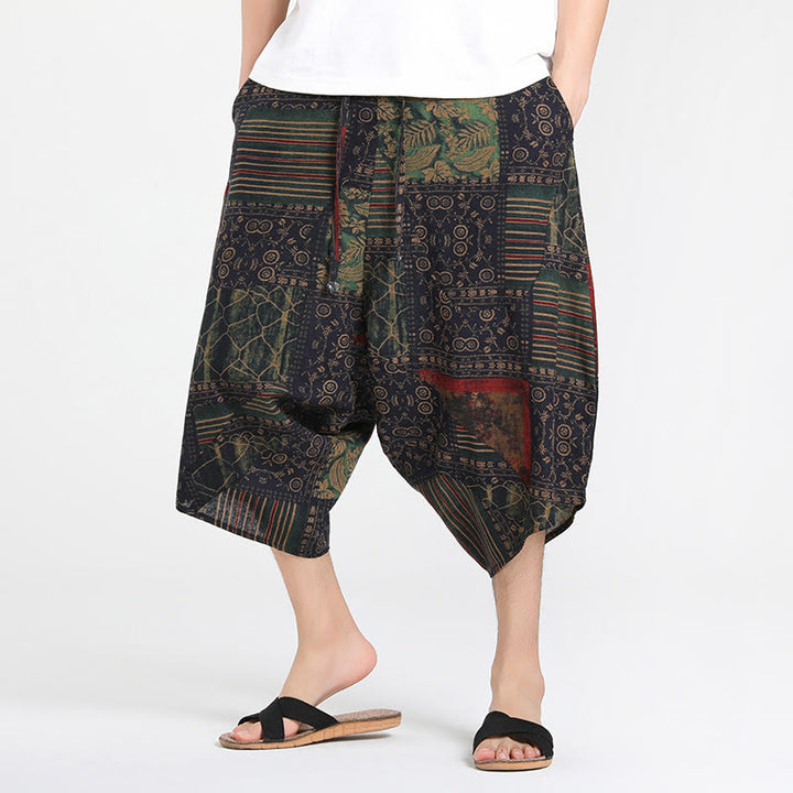 Buddha Stones Pantalon Capri bohème décontracté d'été à cordon de serrage et motif géométrique abstrait, style sarouel, avec poches - Vert foncé - US/UK/AU46，EU56 (5XL) - image 8
