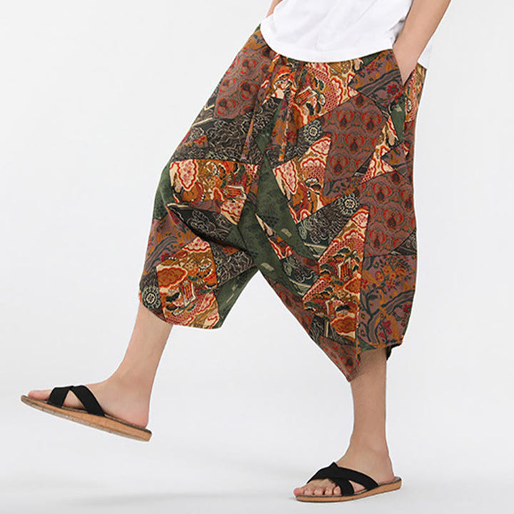Buddha Stones Pantalon Capri bohème décontracté d'été à cordon de serrage et motif géométrique abstrait, style sarouel, avec poches - image 5