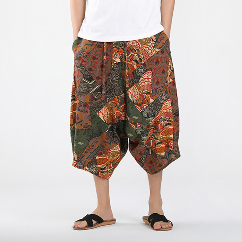 Buddha Stones Pantalon Capri bohème décontracté d'été à cordon de serrage et motif géométrique abstrait, style sarouel, avec poches - image 1