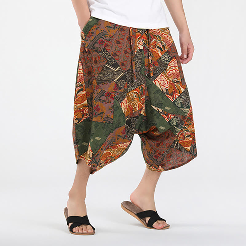 Buddha Stones Pantalon Capri bohème décontracté d'été à cordon de serrage et motif géométrique abstrait, style sarouel, avec poches - image 2