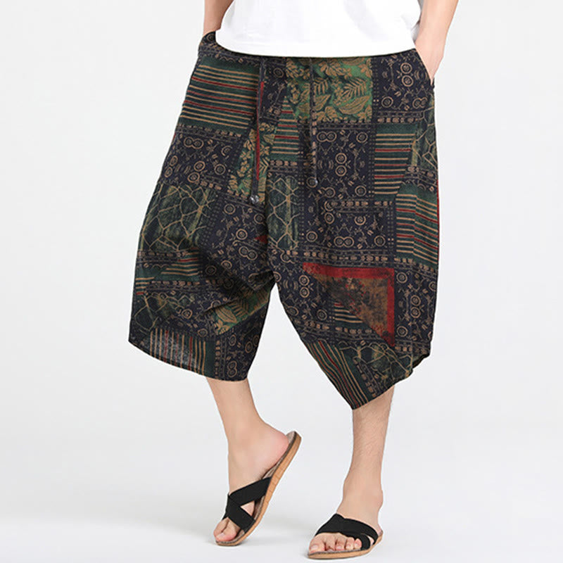 Buddha Stones Pantalon Capri bohème décontracté d'été à cordon de serrage et motif géométrique abstrait, style sarouel, avec poches - image 14
