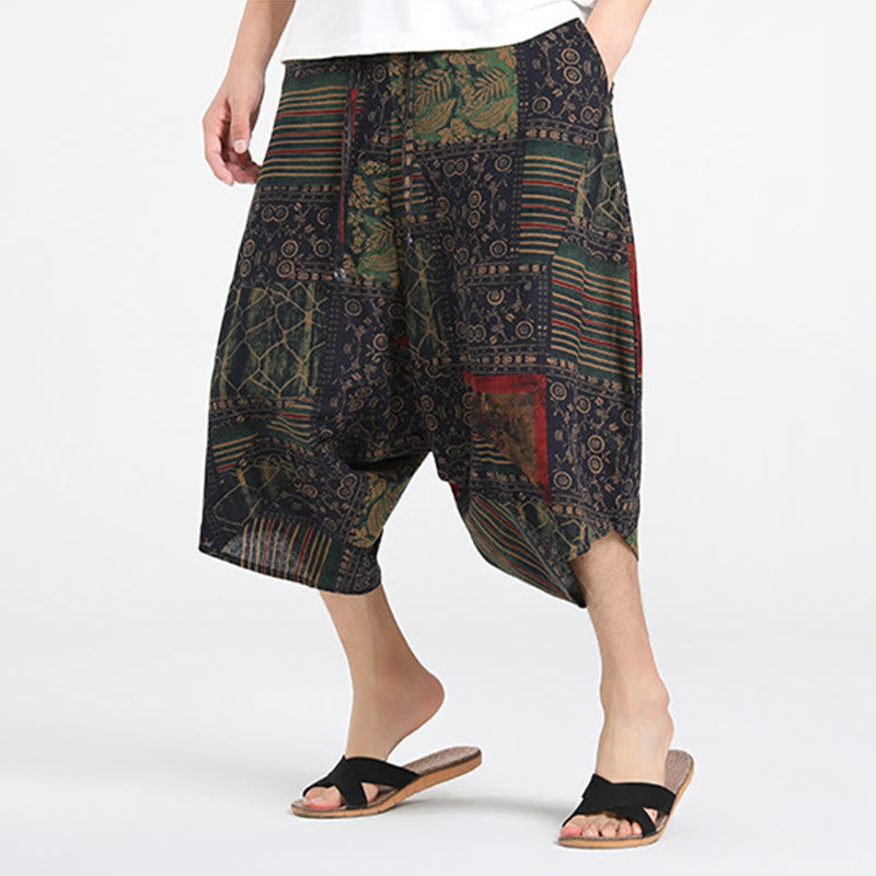 Buddha Stones Pantalon Capri bohème décontracté d'été à cordon de serrage et motif géométrique abstrait, style sarouel, avec poches - image 11