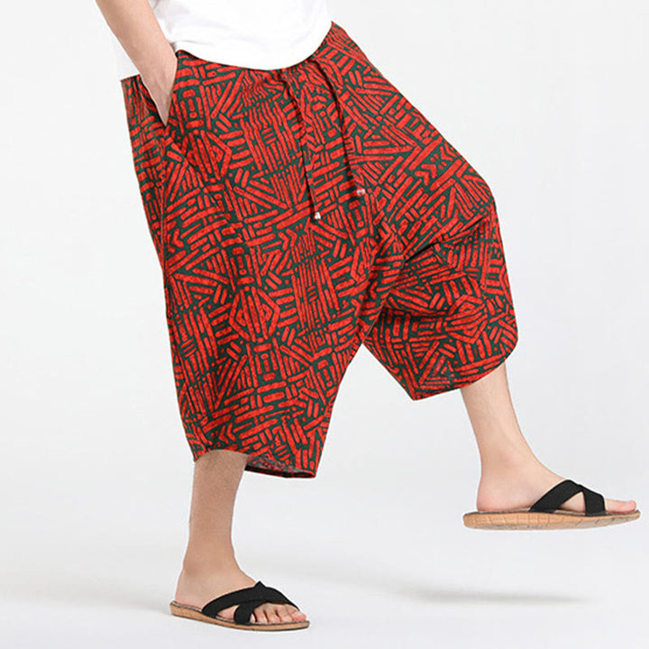 Buddha Stones Pantalon Capri bohème décontracté d'été à cordon de serrage et motif géométrique abstrait, style sarouel, avec poches - image 22