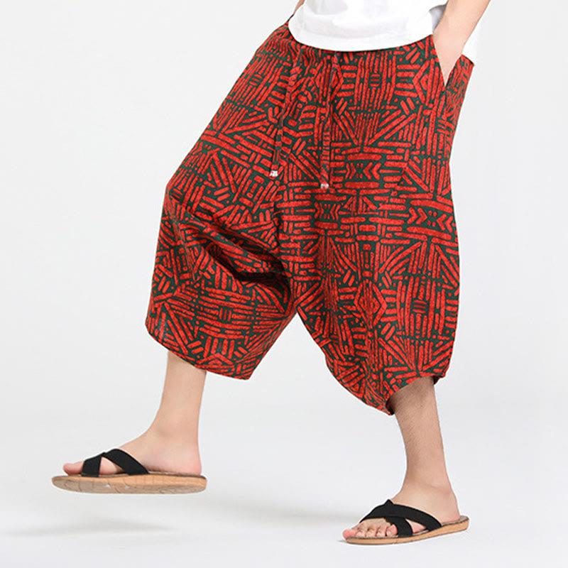 Buddha Stones Pantalon Capri bohème décontracté d'été à cordon de serrage et motif géométrique abstrait, style sarouel, avec poches - image 23