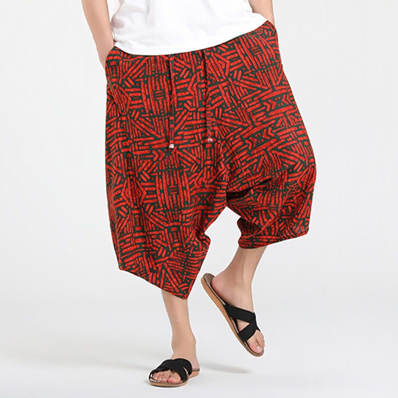 Buddha Stones Pantalon Capri bohème décontracté d'été à cordon de serrage et motif géométrique abstrait, style sarouel, avec poches - image 20