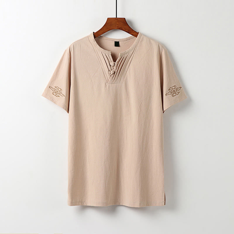 Buddha Stones Chemises à manches courtes pour hommes, style Tang, avec boutons grenouille et broderie de nuages ​​porte-bonheur. - Blé - US/UK/AU54, EU64 (9XL) - image 0