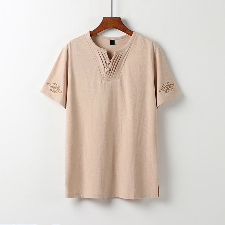 Buddha Stones Chemises à manches courtes pour hommes, style Tang, avec boutons grenouille et broderie de nuages ​​porte-bonheur. - Blé - US/UK/AU54, EU64 (9XL) - image 0