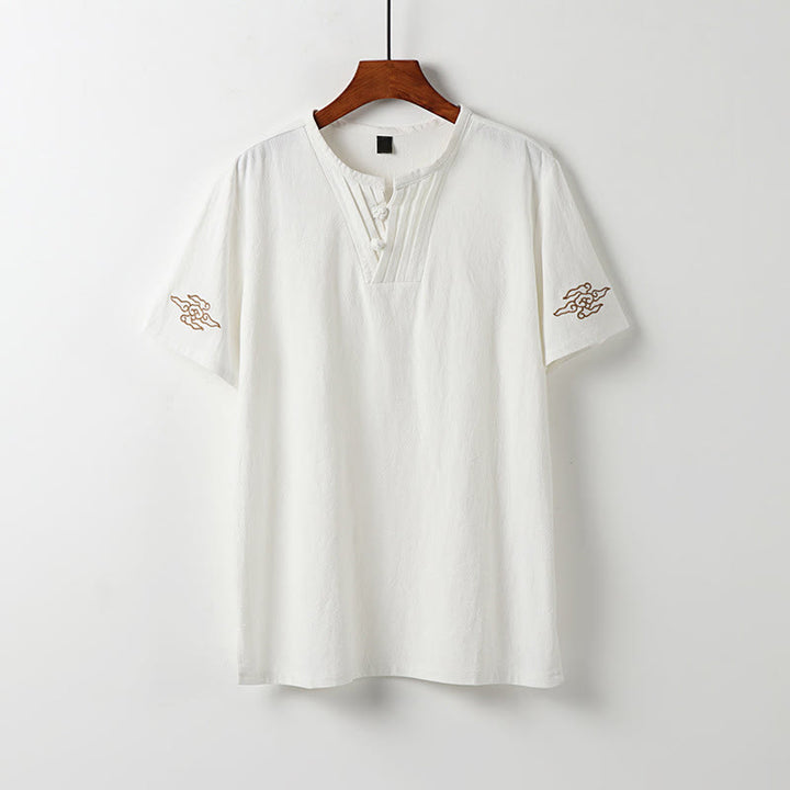 Buddha Stones Chemises à manches courtes pour hommes, style Tang, avec boutons grenouille et broderie de nuages ​​porte-bonheur. - Blanc - US/UK/AU54, EU64 (9XL) - image 12