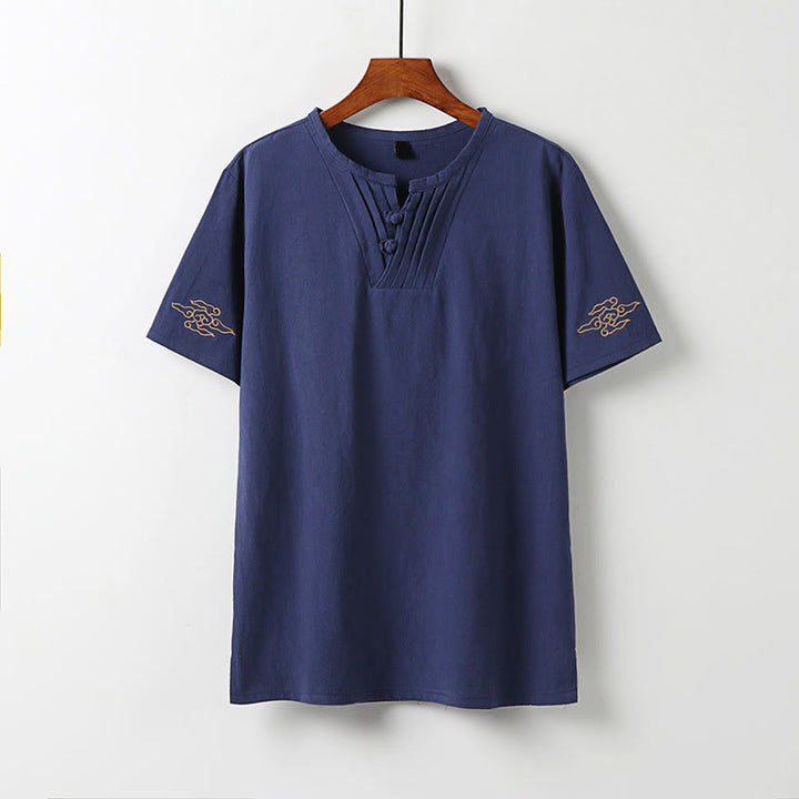 Buddha Stones Chemises à manches courtes pour hommes, style Tang, avec boutons grenouille et broderie de nuages ​​porte-bonheur. - Bleu ardoise foncé - US/UK/AU54, EU64 (9XL) - image 11
