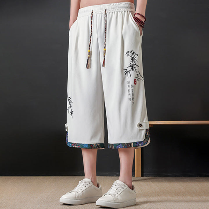 Buddha Stones Pantalon mi-long d'été décontracté à cordon de serrage, imprimé bambou, avec poches, style Tang, coupe droite et cordon de serrage. - image 16