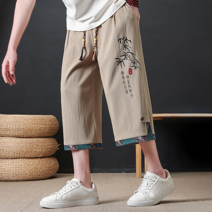Buddha Stones Pantalon mi-long d'été décontracté à cordon de serrage, imprimé bambou, avec poches, style Tang, coupe droite et cordon de serrage. - image 13