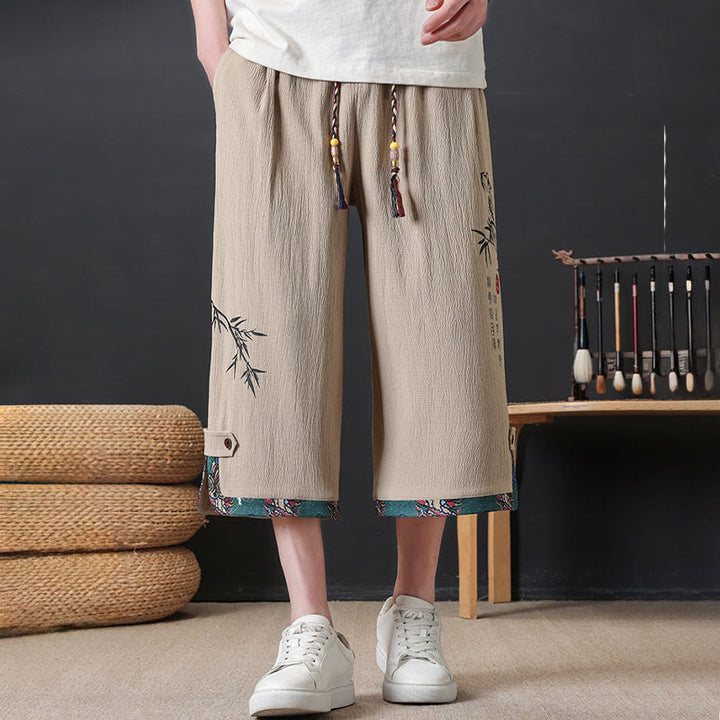 Buddha Stones Pantalon mi-long d'été décontracté à cordon de serrage, imprimé bambou, avec poches, style Tang, coupe droite et cordon de serrage. - image 10