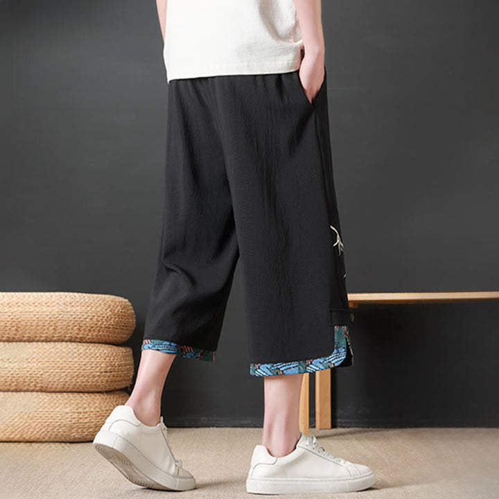 Buddha Stones Pantalon mi-long d'été décontracté à cordon de serrage, imprimé bambou, avec poches, style Tang, coupe droite et cordon de serrage. - image 3