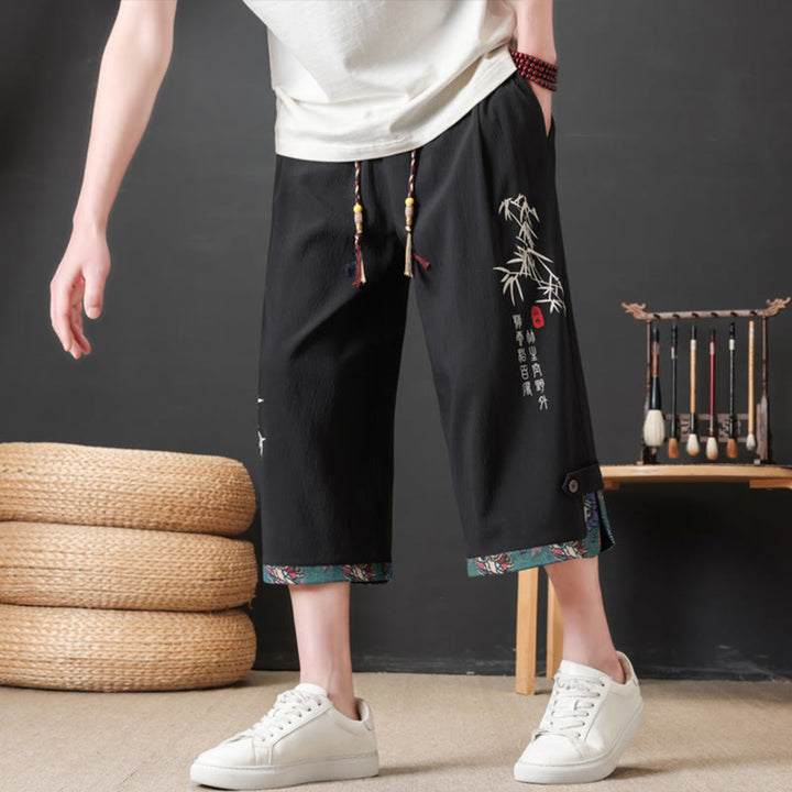 Buddha Stones Pantalon mi-long d'été décontracté à cordon de serrage, imprimé bambou, avec poches, style Tang, coupe droite et cordon de serrage. - Noir - US/UK/AU46, EU56 (4XL) - image 0
