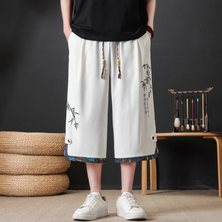 Buddha Stones Pantalon mi-long d'été décontracté à cordon de serrage, imprimé bambou, avec poches, style Tang, coupe droite et cordon de serrage. - image 15