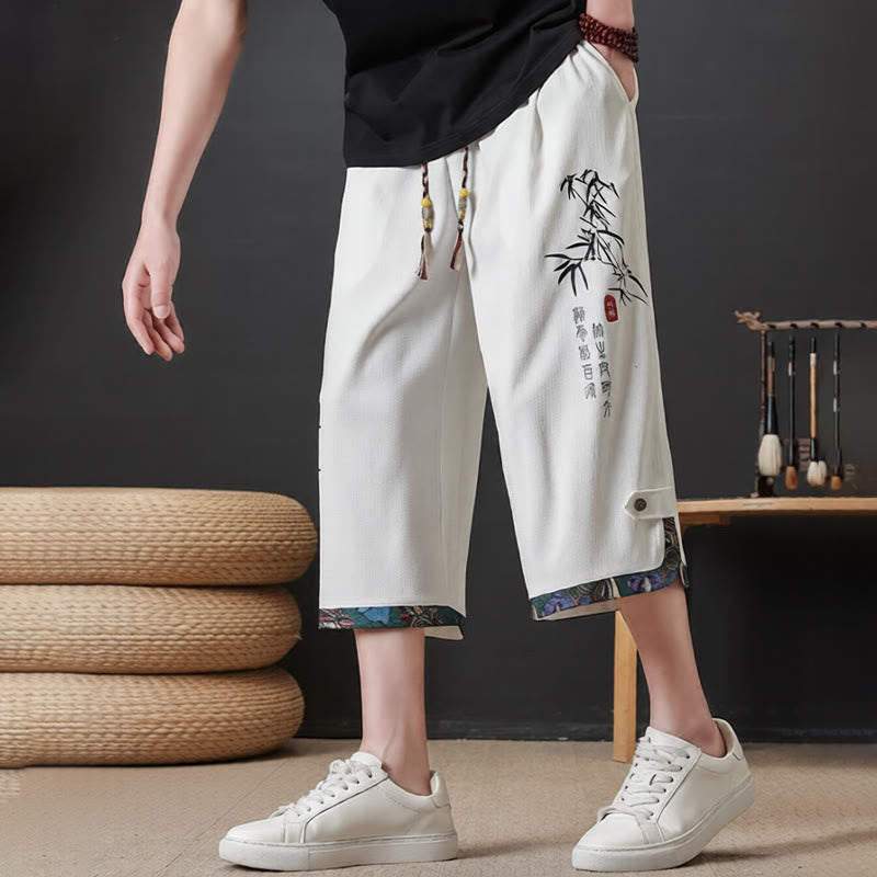 Buddha Stones Pantalon mi-long d'été décontracté à cordon de serrage, imprimé bambou, avec poches, style Tang, coupe droite et cordon de serrage. - image 18