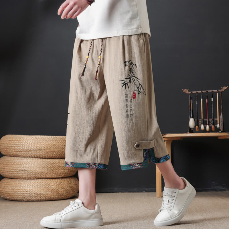 Buddha Stones Pantalon mi-long d'été décontracté à cordon de serrage, imprimé bambou, avec poches, style Tang, coupe droite et cordon de serrage. - Tanné - US/UK/AU46, EU56 (4XL) - image 9