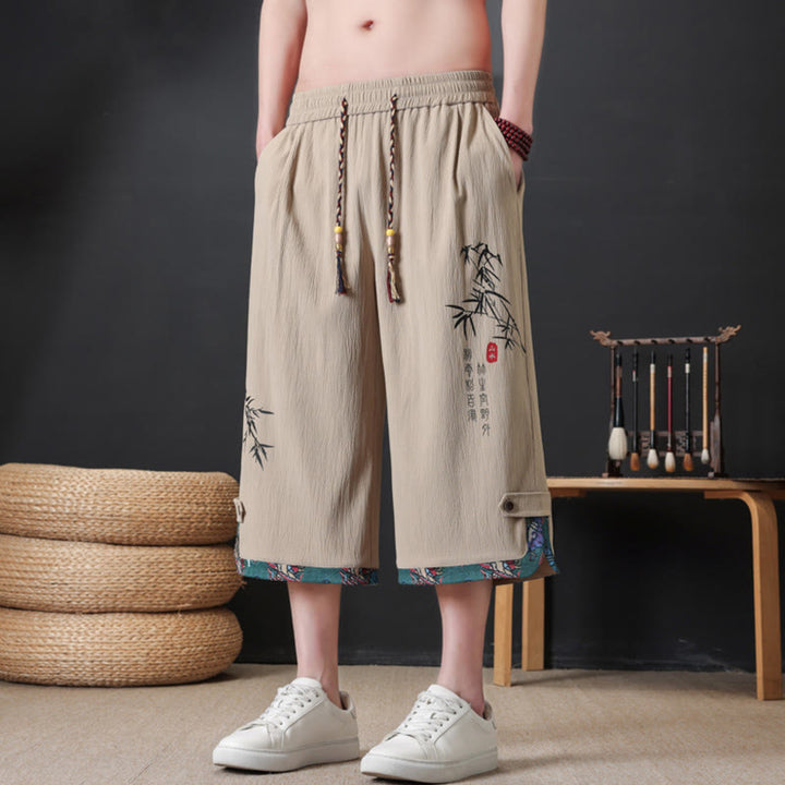 Buddha Stones Pantalon mi-long d'été décontracté à cordon de serrage, imprimé bambou, avec poches, style Tang, coupe droite et cordon de serrage. - image 12