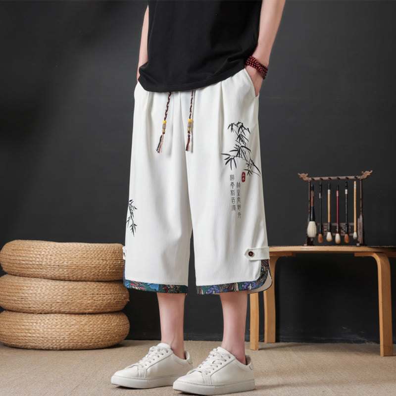 Buddha Stones Pantalon mi-long d'été décontracté à cordon de serrage, imprimé bambou, avec poches, style Tang, coupe droite et cordon de serrage. - Blanc - US/UK/AU46, EU56 (4XL) - image 14