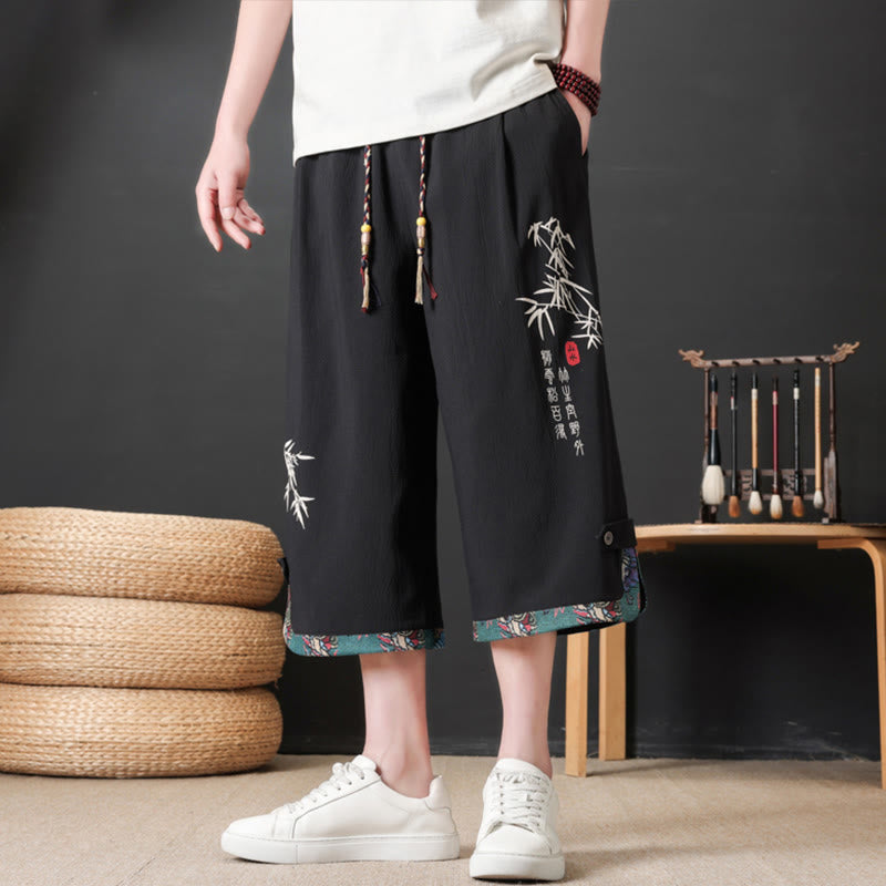 Buddha Stones Pantalon mi-long d'été décontracté à cordon de serrage, imprimé bambou, avec poches, style Tang, coupe droite et cordon de serrage. - image 1