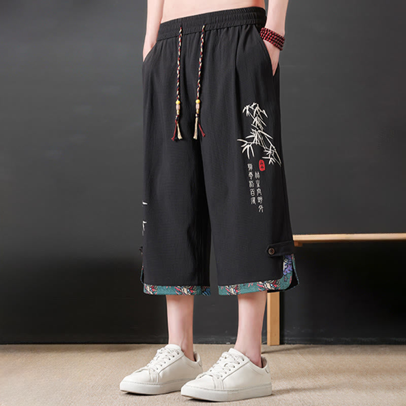 Buddha Stones Pantalon mi-long d'été décontracté à cordon de serrage, imprimé bambou, avec poches, style Tang, coupe droite et cordon de serrage. - image 2