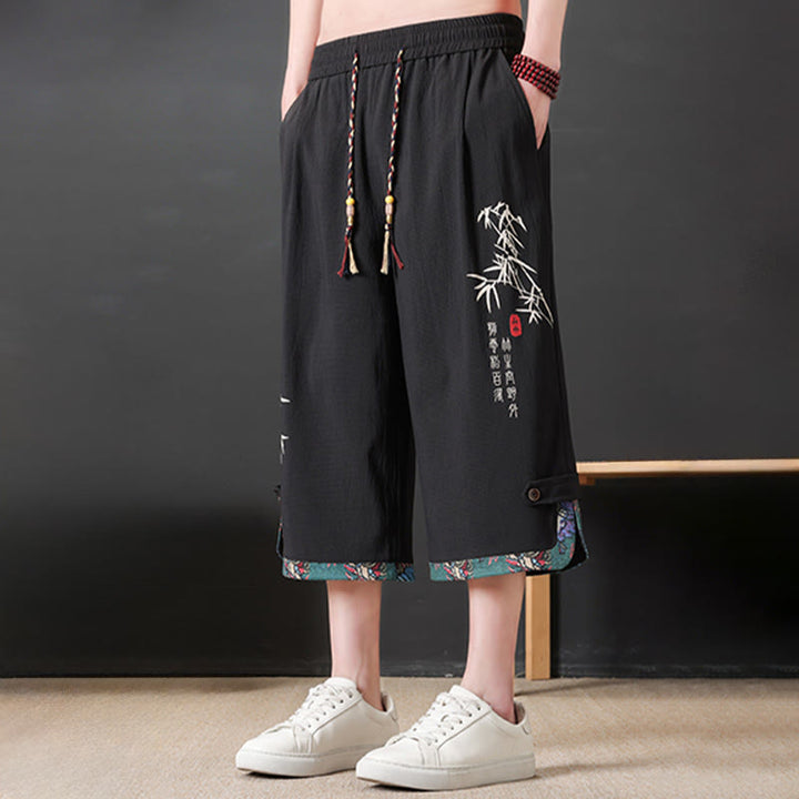 Buddha Stones Pantalon mi-long d'été décontracté à cordon de serrage, imprimé bambou, avec poches, style Tang, coupe droite et cordon de serrage. - image 2