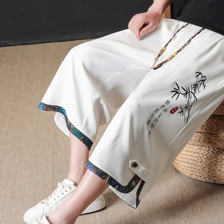 Buddha Stones Pantalon mi-long d'été décontracté à cordon de serrage, imprimé bambou, avec poches, style Tang, coupe droite et cordon de serrage. - image 19