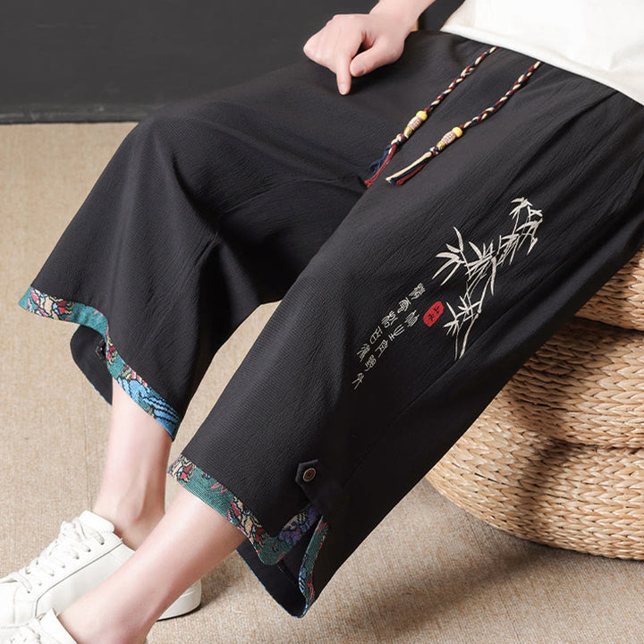 Buddha Stones Pantalon mi-long d'été décontracté à cordon de serrage, imprimé bambou, avec poches, style Tang, coupe droite et cordon de serrage. - image 4