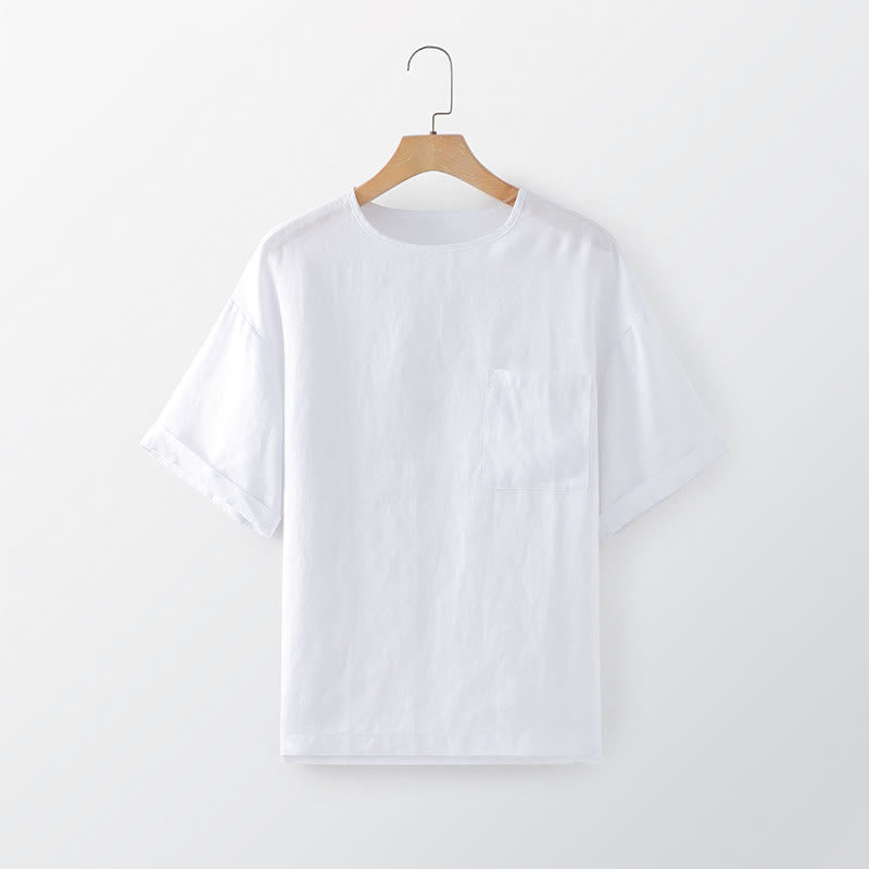 Buddha Stones T-shirts d'été minimalistes à col rond pour hommes, manches courtes et poche plaquée - Blanc - US/UK/AU44, EU54 (3XL) - image 3
