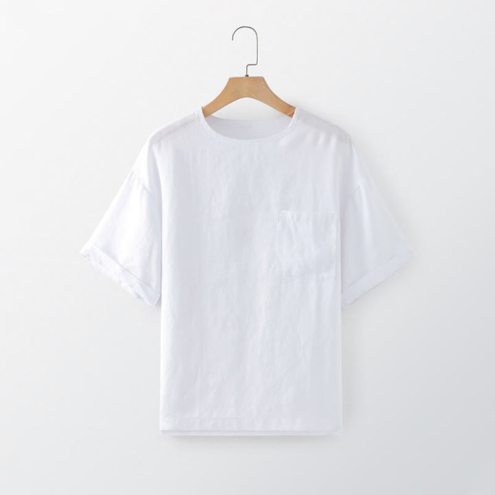 Buddha Stones T-shirts d'été minimalistes à col rond pour hommes, manches courtes et poche plaquée - Blanc - US/UK/AU44, EU54 (3XL) - image 3