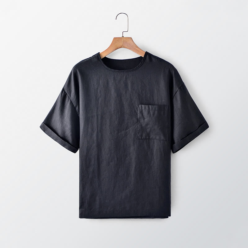 Buddha Stones T-shirts d'été minimalistes à col rond pour hommes, manches courtes et poche plaquée - Noir - US/UK/AU44, EU54 (3XL) - image 0