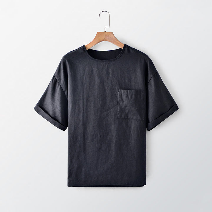 Buddha Stones T-shirts d'été minimalistes à col rond pour hommes, manches courtes et poche plaquée - Noir - US/UK/AU44, EU54 (3XL) - image 0