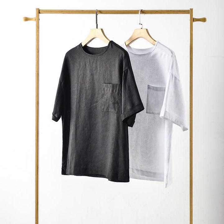 Buddha Stones T-shirts d'été minimalistes à col rond pour hommes, manches courtes et poche plaquée - image 1
