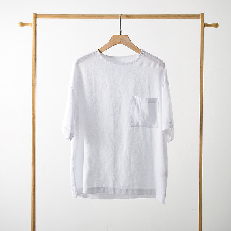 Buddha Stones T-shirts d'été minimalistes à col rond pour hommes, manches courtes et poche plaquée - image 5