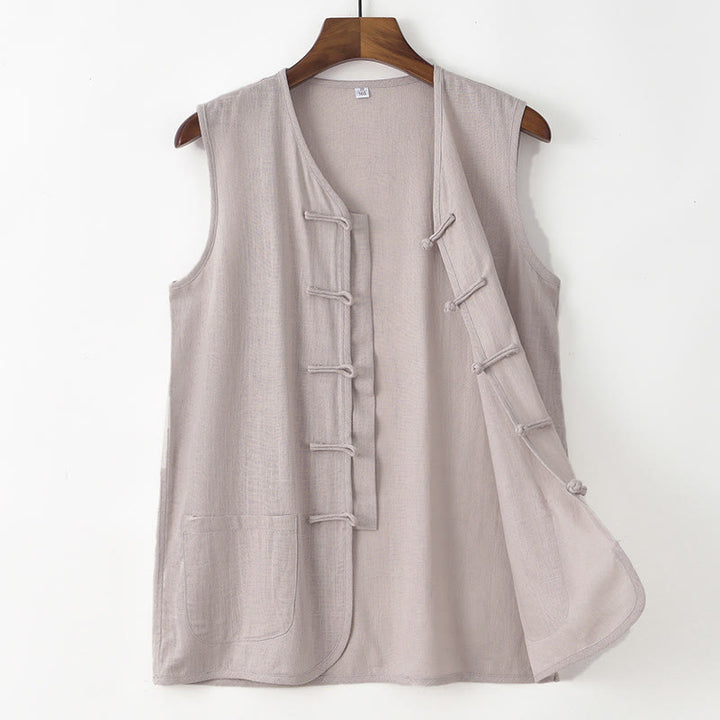 Buddha Stones Débardeur d'été décontracté à boutons grenouille, couleur unie, avec poche - Gris clair - US/UK/AU48, EU58 (4XL) - image 1