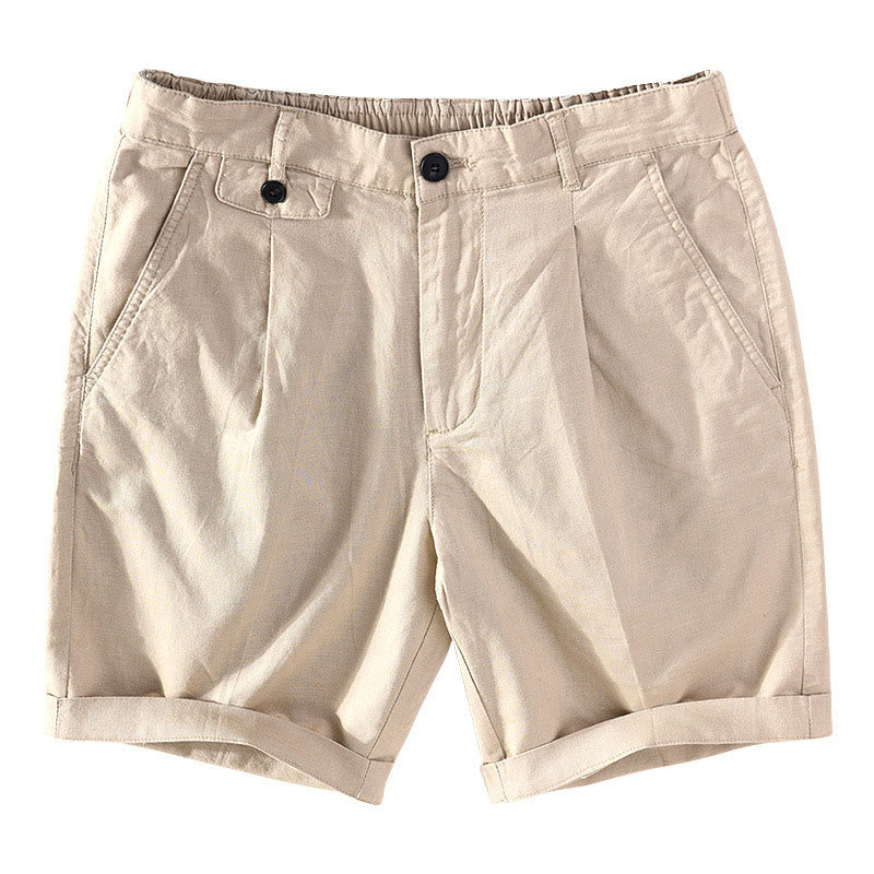 Buddha Stones Short homme printemps-été décontracté minimaliste à boutons et fermeture éclair, en coton et lin uni avec poche - Tanné - US/UK/AU42，EU52 (3XL) - image 0