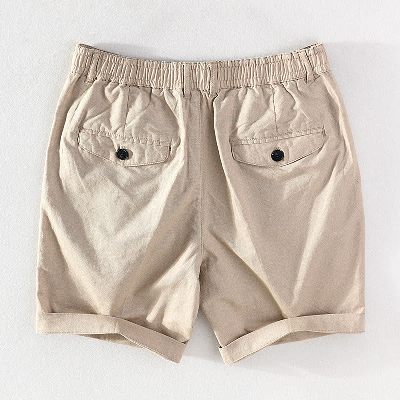 Buddha Stones Short homme printemps-été décontracté minimaliste à boutons et fermeture éclair, en coton et lin uni avec poche - image 1