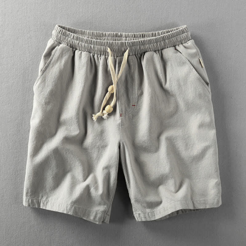 Buddha Stones Short d'été minimaliste décontracté en coton et lin uni avec cordon de serrage et poches pour homme - Gris clair - US/UK/AU48，EU58 (6XL) - image 0