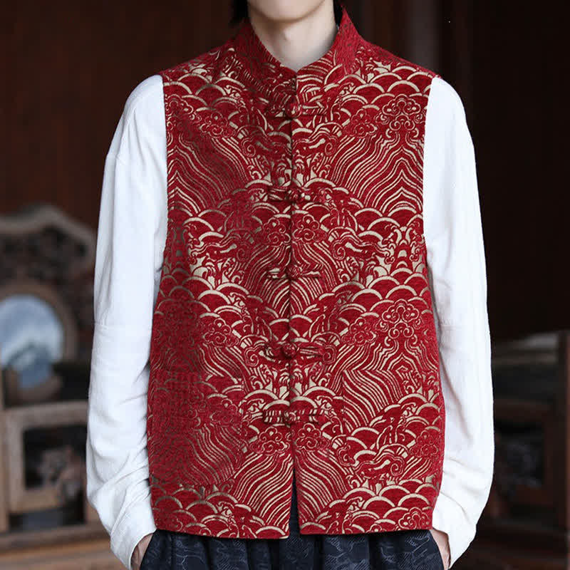 Buddha Stones Chemises sans manches pour hommes, style automne Tang, col mandarin vintage, boutons brandebourg, jacquard abstrait - image 17