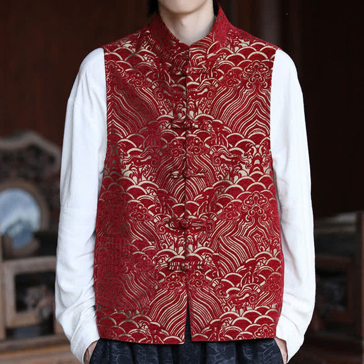 Buddha Stones Chemises sans manches pour hommes, style automne Tang, col mandarin vintage, boutons brandebourg, jacquard abstrait - image 17