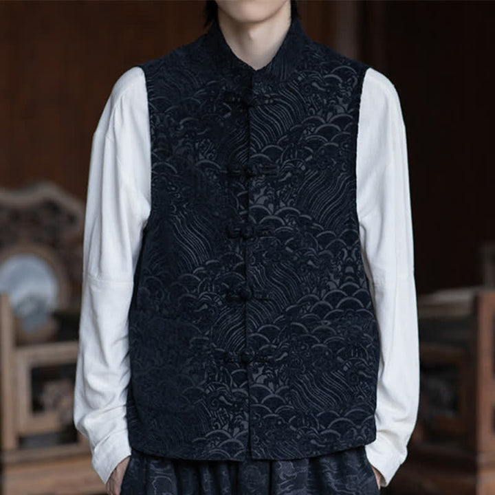 Buddha Stones Chemises sans manches pour hommes, style automne Tang, col mandarin vintage, boutons brandebourg, jacquard abstrait - image 8
