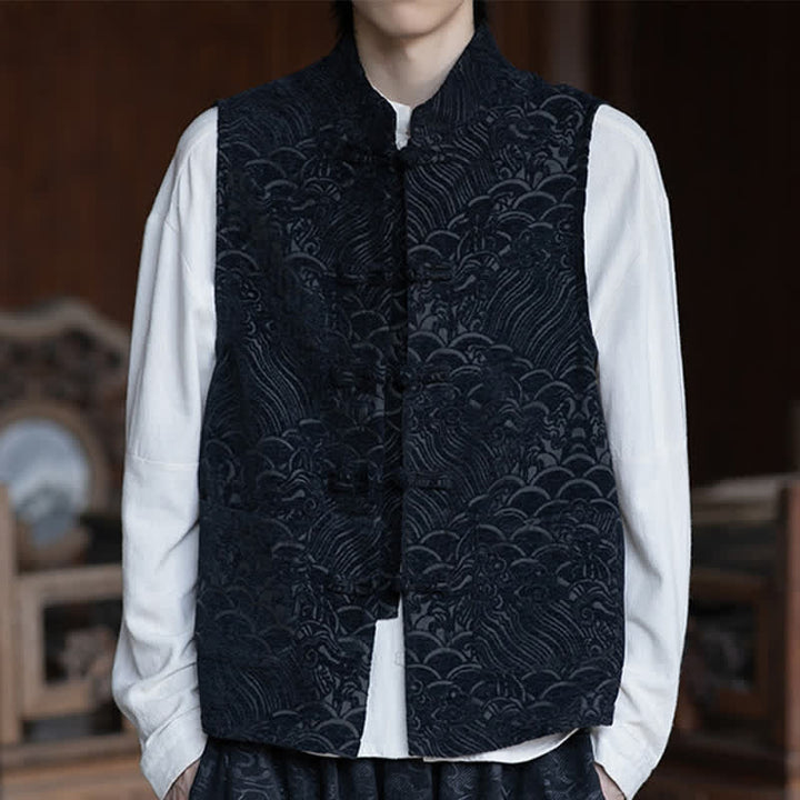 Buddha Stones Chemises sans manches pour hommes, style automne Tang, col mandarin vintage, boutons brandebourg, jacquard abstrait - image 6