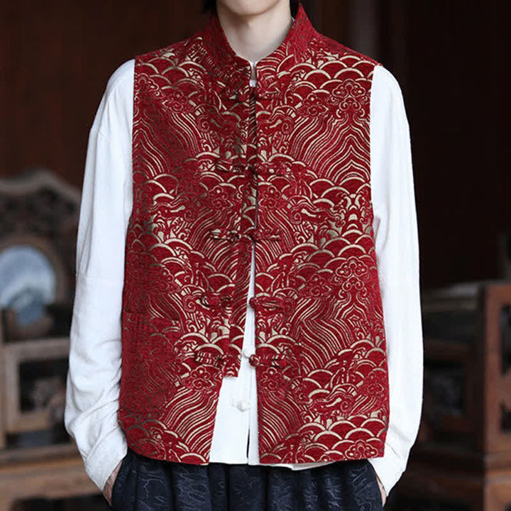 Buddha Stones Chemises sans manches pour hommes, style automne Tang, col mandarin vintage, boutons brandebourg, jacquard abstrait - Rouge foncé - US/UK/AU46，EU56 (5XL) - image 13